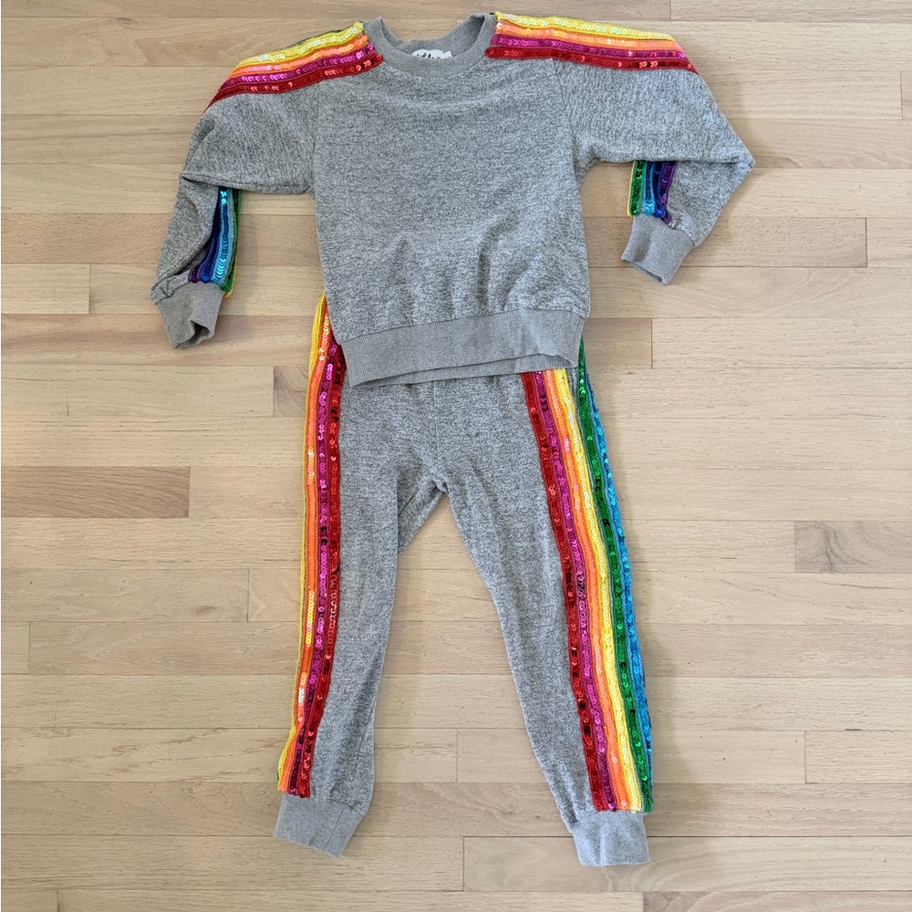 Lola + The Boys Gray Sweatshirt & Joggers with Rainbow Sequin Trim - Girl 4